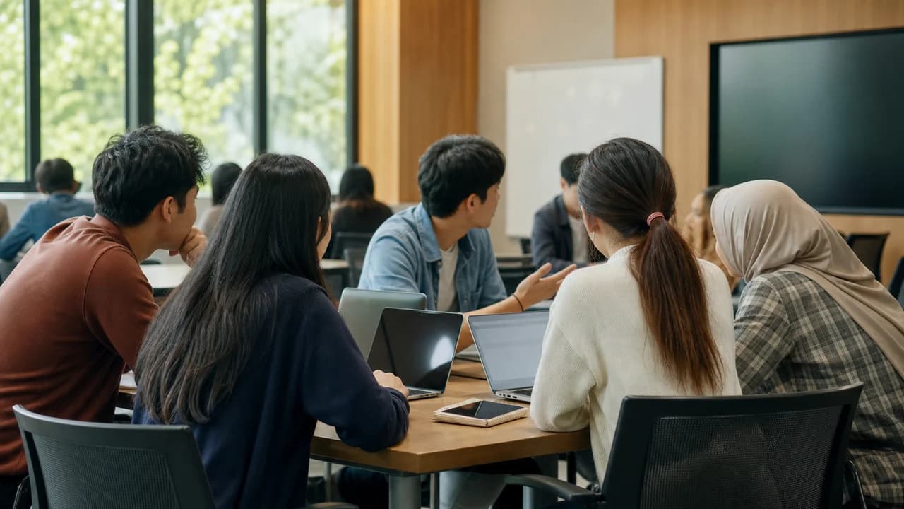 한국 캠퍼스 세미나 공간에서 아세안 유학생들이 AI와 청년교류 프로그램을 준비하는 장면
