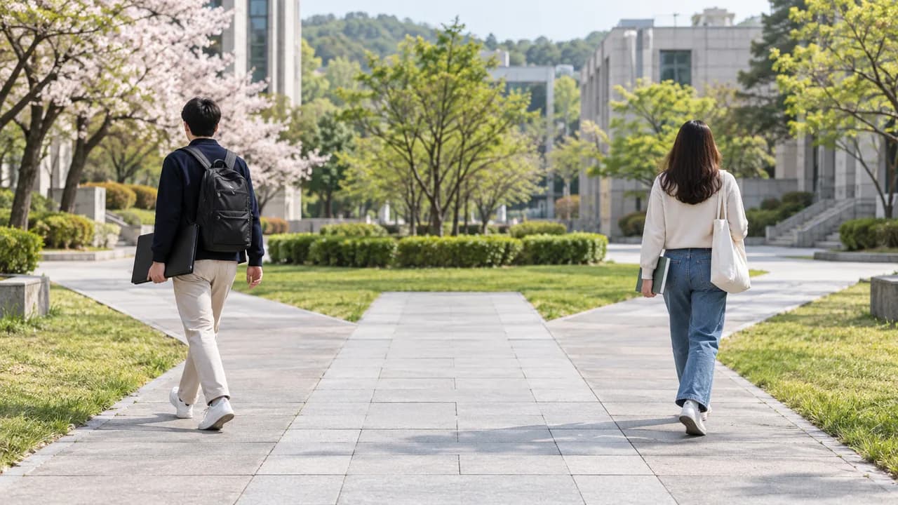 두 사람이 표지판 없는 캠퍼스 길을 따라 걷는 모습을 보여주는 AI 생성 맥락 이미지