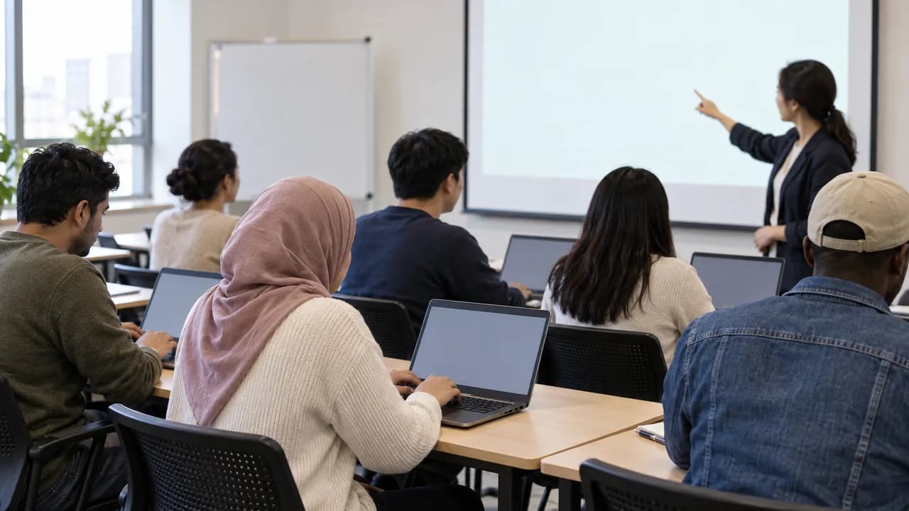 빈 노트북을 앞에 둔 성인 학습자들이 일반 교실에서 공부하는 모습을 보여주는 AI 생성 맥락 이미지