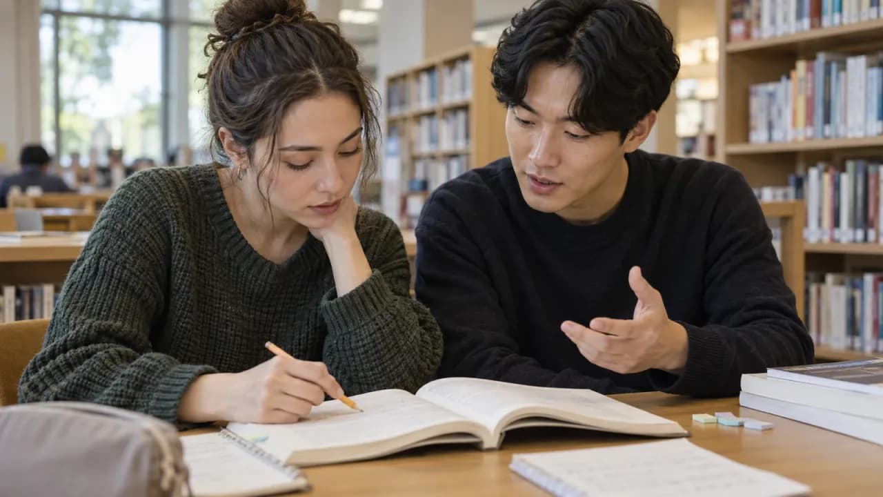 책의 표현을 함께 읽고 토론하는 한국어 학습자의 AI 맥락 이미지