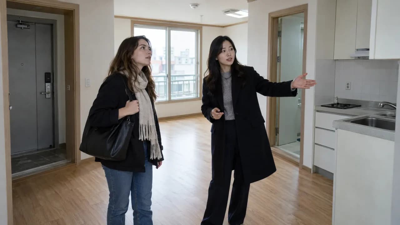 작은 원룸의 주방과 공간을 함께 살펴보는 유학생과 주거 안내자