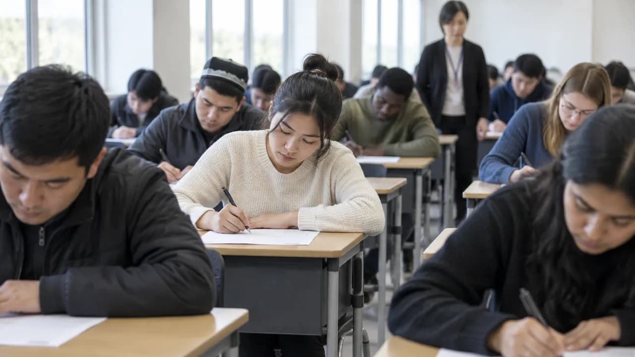 Adult test-takers of many nationalities fill in answer sheets at individual desks in a bright university lecture hall while a proctor walks the aisle.
