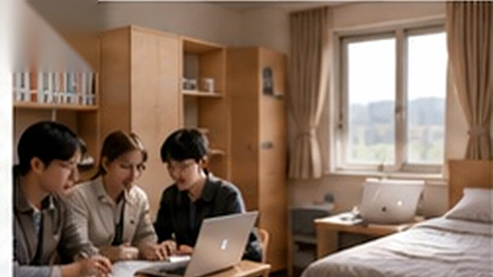 기숙사 방에서 유학생들이 노트북으로 신청 절차를 확인하는 모습