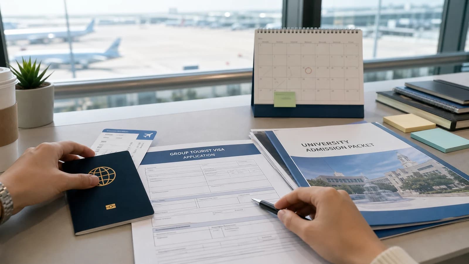 공항 입국 서류와 대학 입학 서류를 나란히 놓고 한국 단체관광 비자와 D-2·D-4 유학비자를 비교하는 보도형 이미지