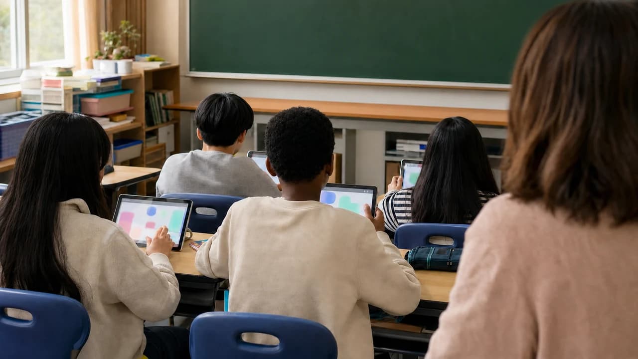 다양한 배경의 학생들이 교실에서 AI 한국어 학습 화면을 함께 살펴보는 뒷모습