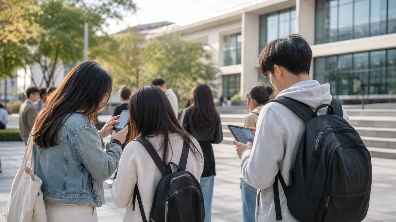 지역 대학 캠퍼스에서 유학생과 청년들이 공공외교 활동에 참여하는 실사형 편집 이미지