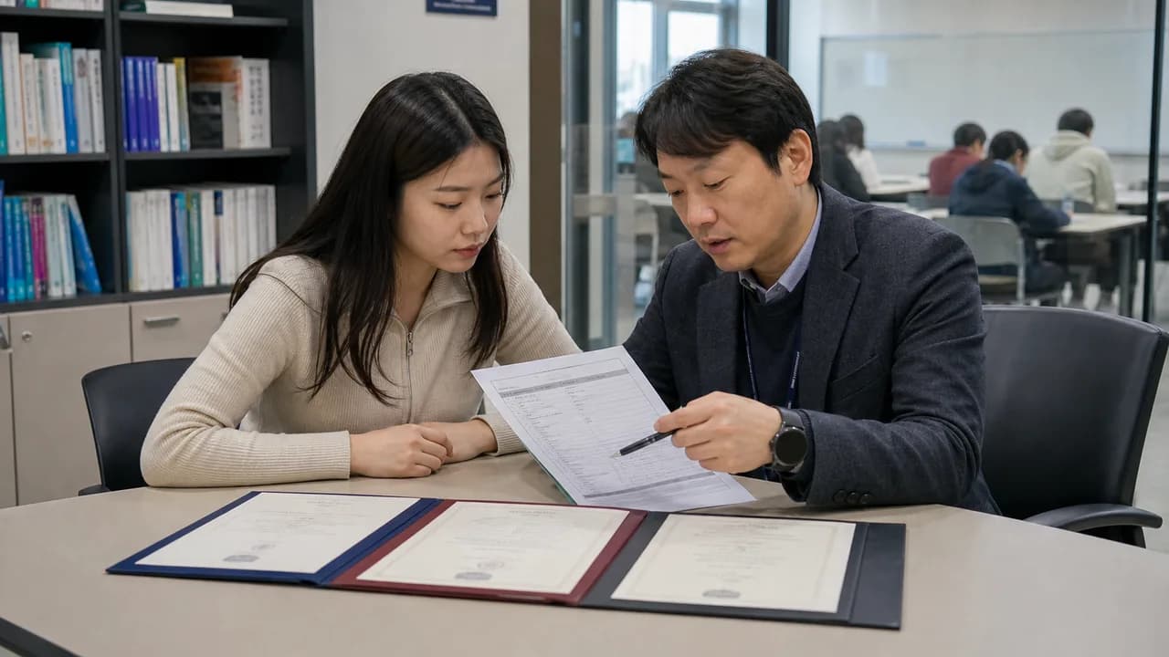 대학 국제처에서 외국인 유학생과 담당자가 건강보험 안내 서류를 함께 확인하는 모습