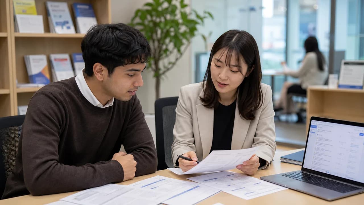 대학 취업상담실에서 외국인 졸업생과 상담사가 구직계획서와 채용 정보를 함께 검토하는 모습
