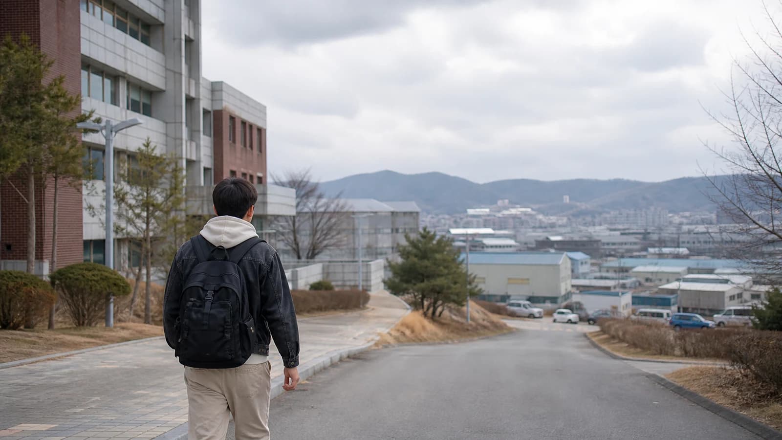 유학생이 지역 대학 캠퍼스에서 산업단지와 도시를 바라보며 걷는 모습