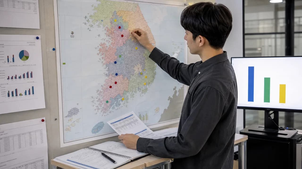 연구자가 한국 지도 위의 지역 표시와 외국인 유학생 통계표를 함께 살펴보는 모습