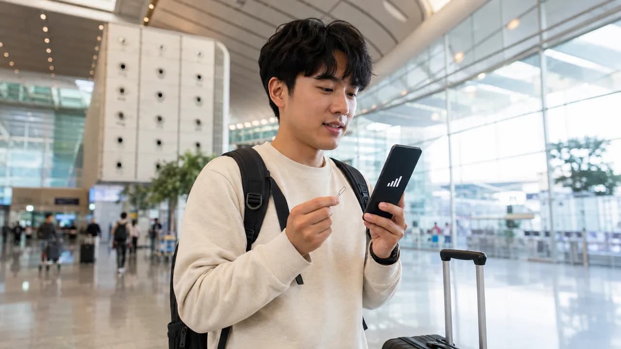 한국 공항 도착장에서 여행가방 옆에 서서 휴대전화 연결을 설정하는 외국인 유학생