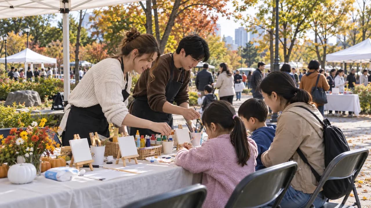 서울의 가을 공원 문화행사에서 미니캔버스 체험을 돕는 외국인 자원봉사자들의 맥락 이미지