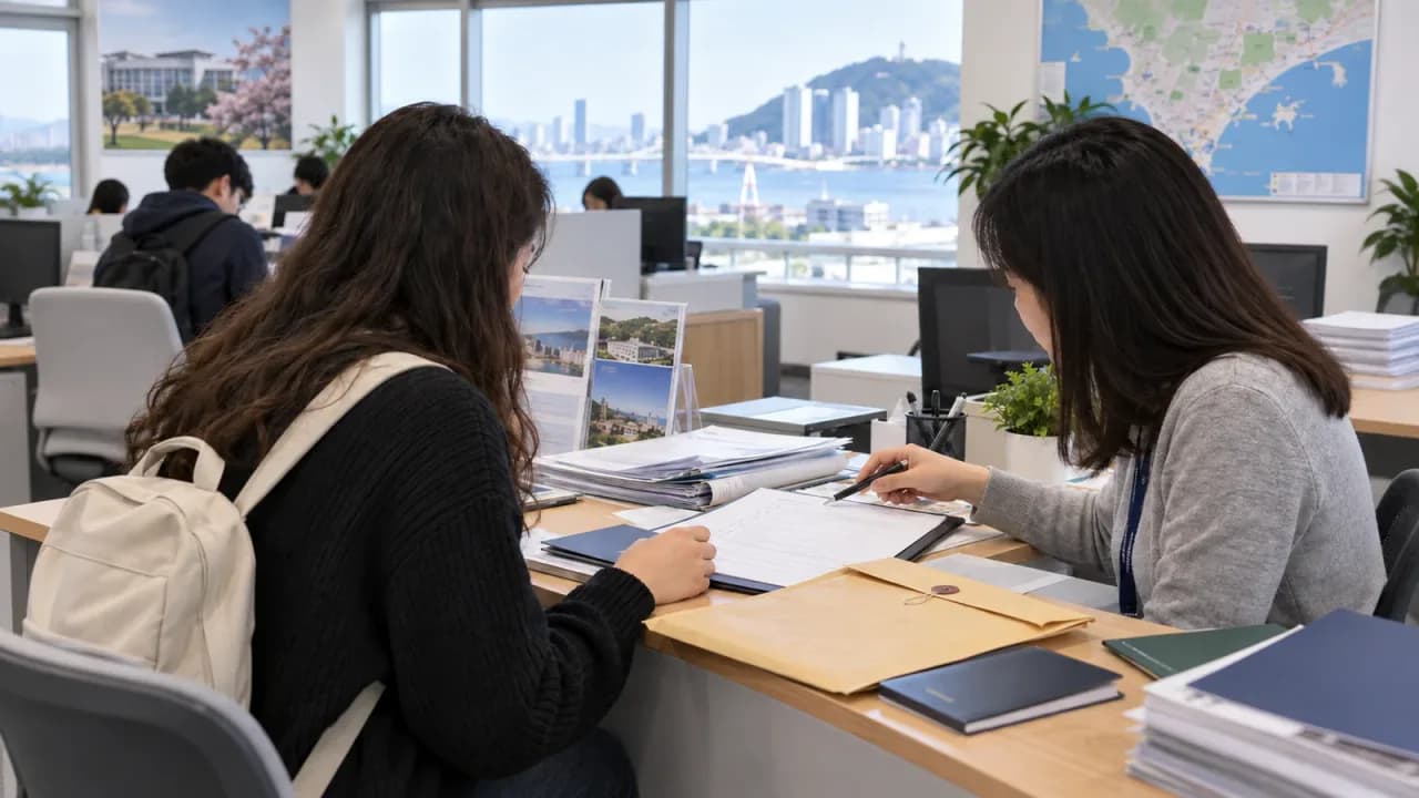 부산의 대학 입학 상담 공간에서 외국인 지원자가 서류를 점검하는 맥락 이미지