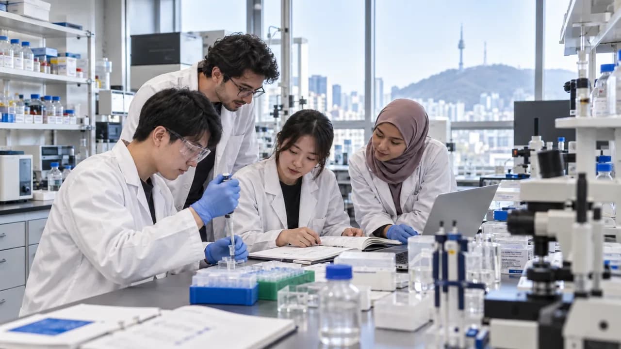 서울의 대학 연구실에서 함께 실험하는 여러 국적의 이공계 대학원생 맥락 이미지