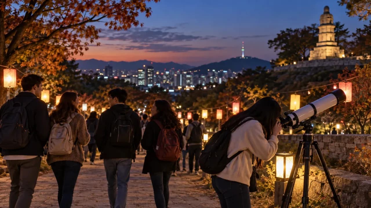 서울의 가을밤 공원에서 유학생들이 야간 탐방과 망원경 관측을 하는 맥락 이미지