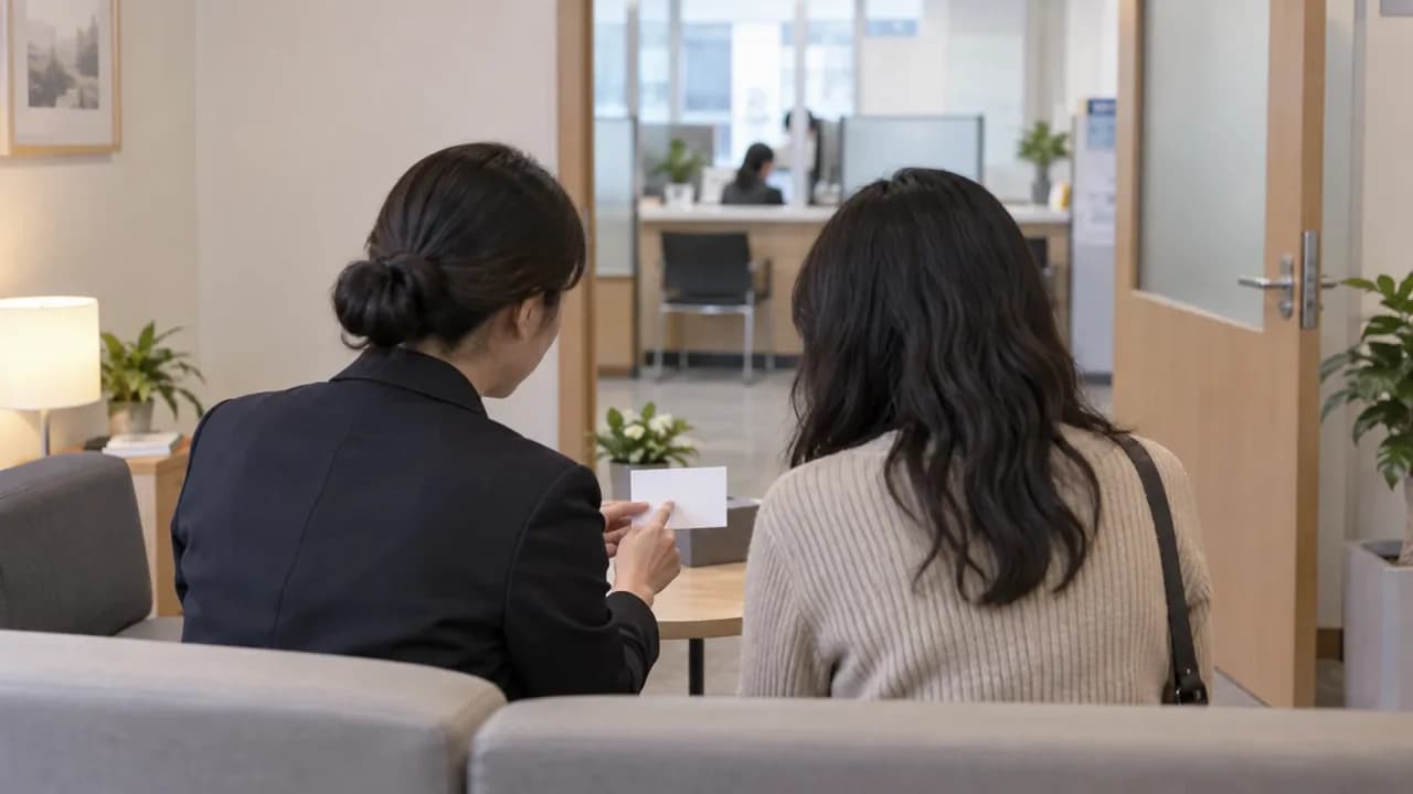 조용한 공공 상담실에서 지원 담당자와 외국인 방문자가 안내를 확인하는 맥락 이미지