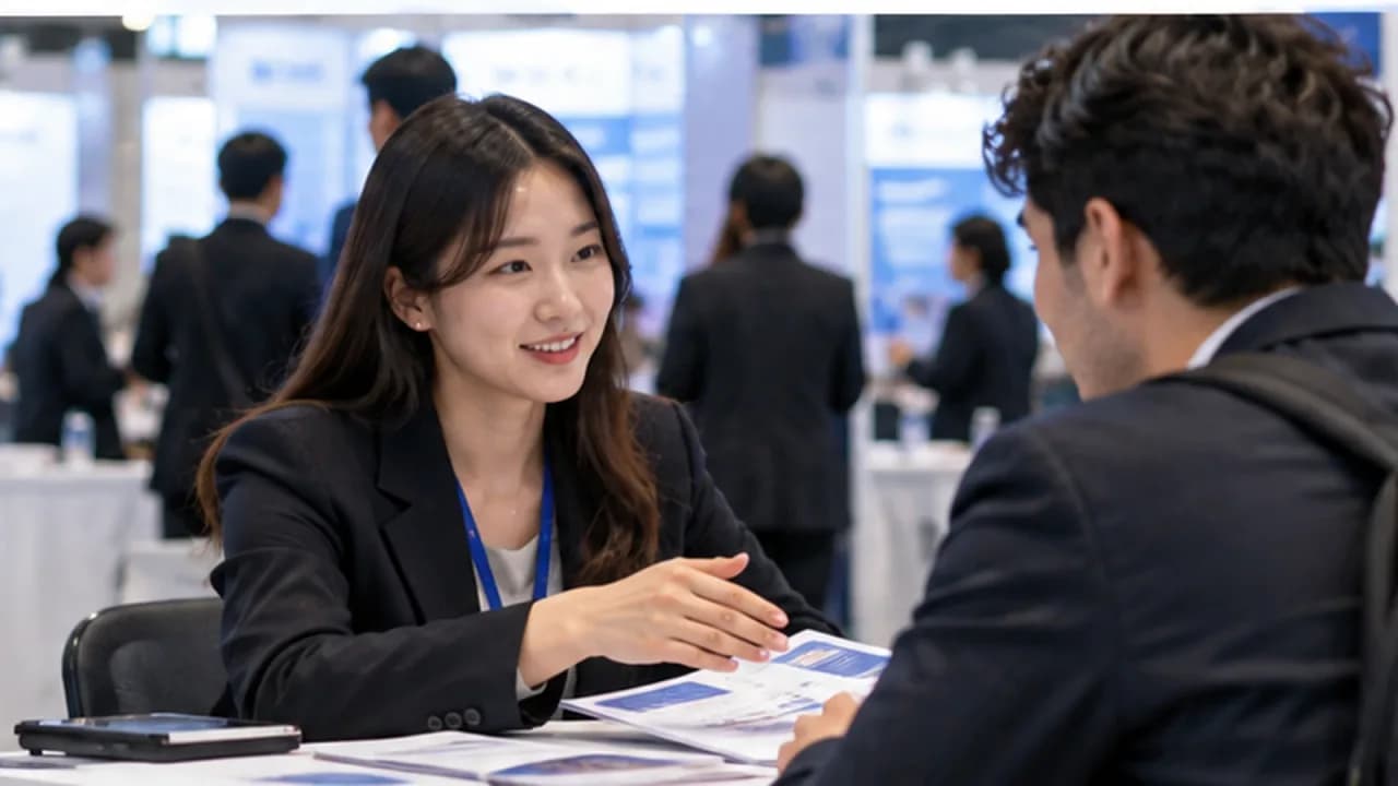 채용박람회형 상담 부스에서 구직자와 채용 담당자가 자료를 사이에 두고 대화하는 AI 생성 맥락 이미지