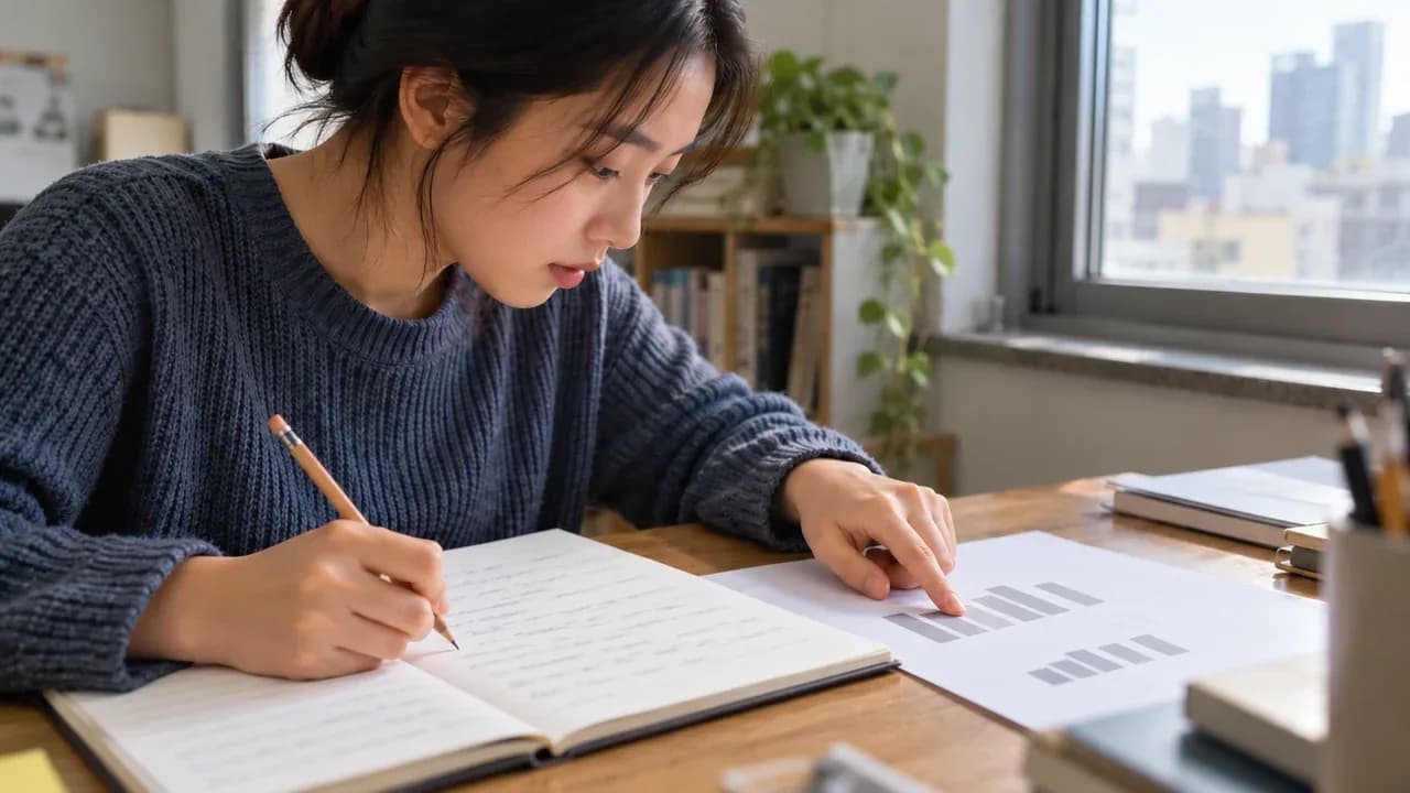 학습자가 참고자료를 짚어 확인하며 옆 노트의 쓰기 답안을 고치는 모습을 표현한 AI 생성 이미지