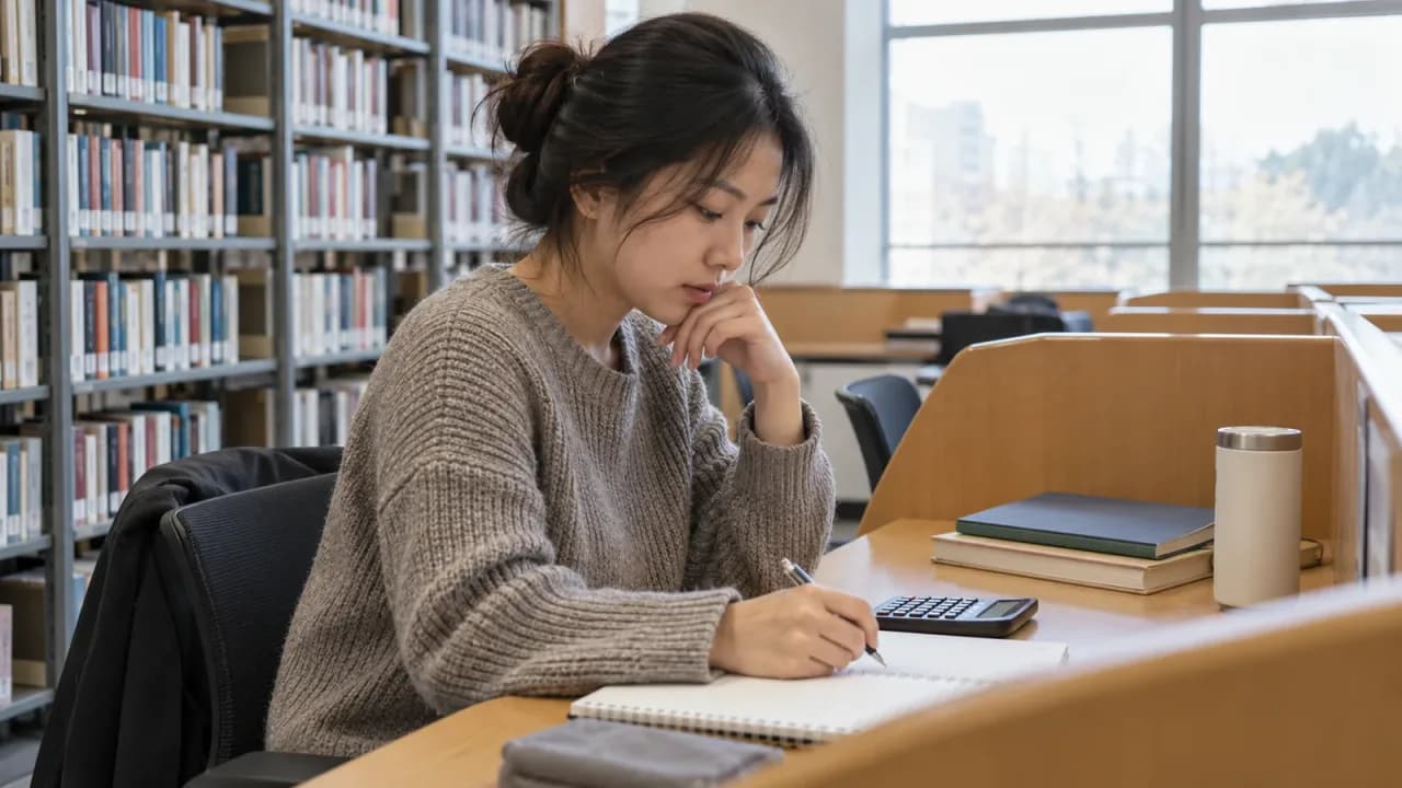 도서관에서 계산기와 노트로 학비 계획을 세우는 대학원 진학 준비생