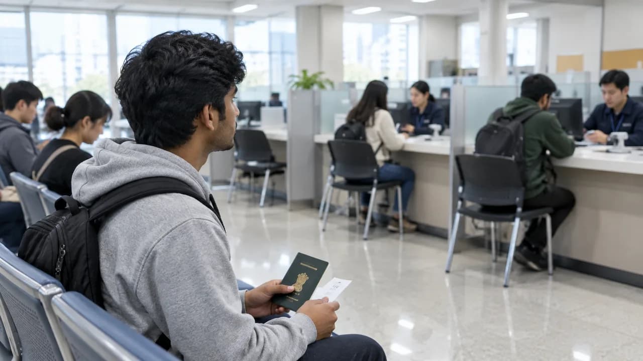 An international student holding a passport and a numbered ticket waits in the seating area of a Korean immigration service office while staff help other foreign visitors at the counters.